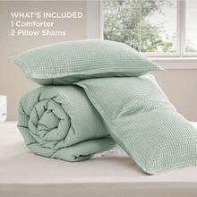 Local Shipping Waffle Comforter Set King, Green Soft Cotton Bedding, Waffle Weave Bed Set, 3 Pieces, 1 Comforter (104"X90") And 2 Pillow Shams, Premium Cotton Cover With Polyester Fill For All Seasons