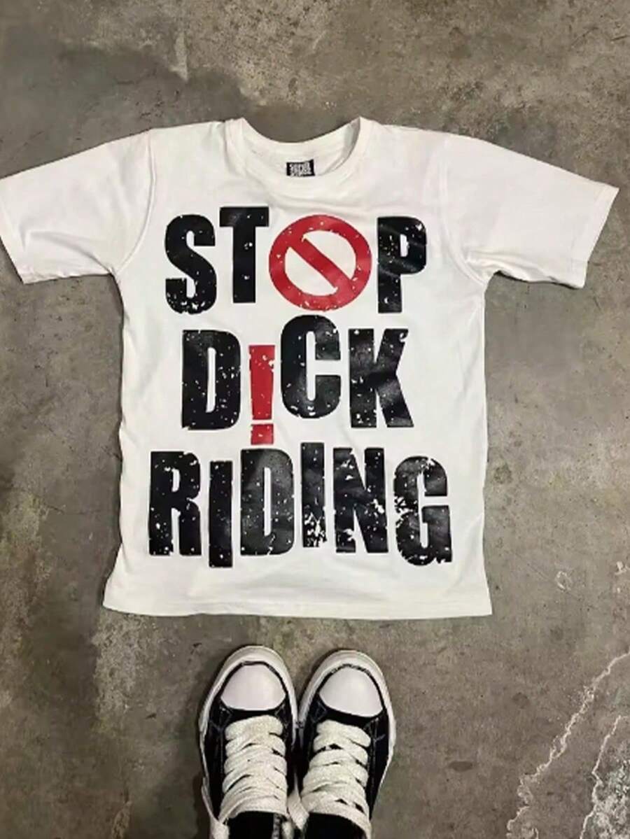 Plus Size Women T-Shirts,Stop Riding ,(1 Pcs )100% Cotton Casual Printed T-Shirt,Crew Neck Short Sleeve,220g  Cotton T-Shirt,For Going Out,Gift,Summer,Unisex - trắng - Xem 1