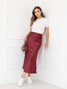 Elegant Long Skirt Women's Fashion Satin Skirt With Side Zipper Code167 - Burdeos - Ver 2