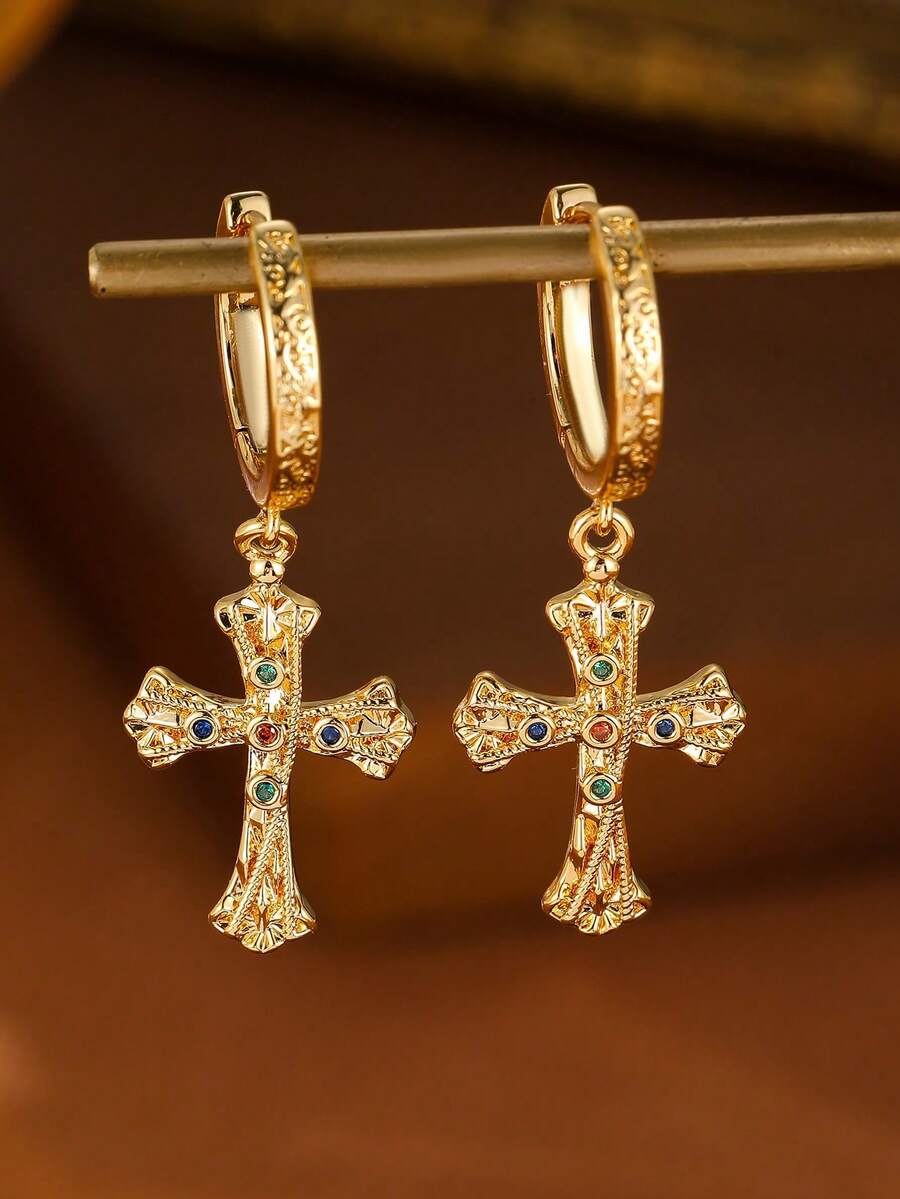 2pcs Zirconia Cross Light Luxury Retro Men And Women Couple Gold Pendant Earrings Fashion Daily Party Jewelry Accessories - Gold - View 1