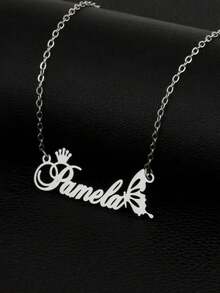 1pc Personalized Children Luxury Crown & Butterfly Monogram Name Stainless Steel Necklace,Customized For Delicate Gift For Kids,Gold Color Customized Jewelry Gift