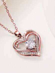 1件浪漫立方氧化锆心形吊坠项链，女士情人节礼物，结婚首饰 - 玫瑰金 - 查看 3