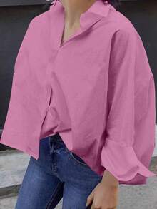 Women's French Solid Shirt, Retro Charm, Long Sleeve Business Interview Commute Casual Relaxed Minimalist Elegant Shirt, Suitable For Daily Wear, Home Wear, Street Style, An Ideal Choice For Women's Winter Wear. Valentine's Day, New Year - Coral Pink - View 10