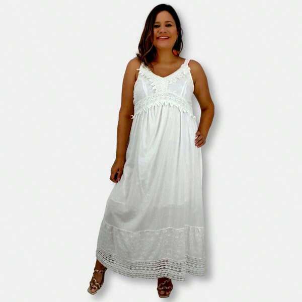Vestido Branco Longo Alça Indiano Com Renda Algodão 435