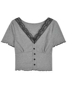 女式撞色 V 领短袖修身蕾丝边休闲 T 恤上衣，春夏