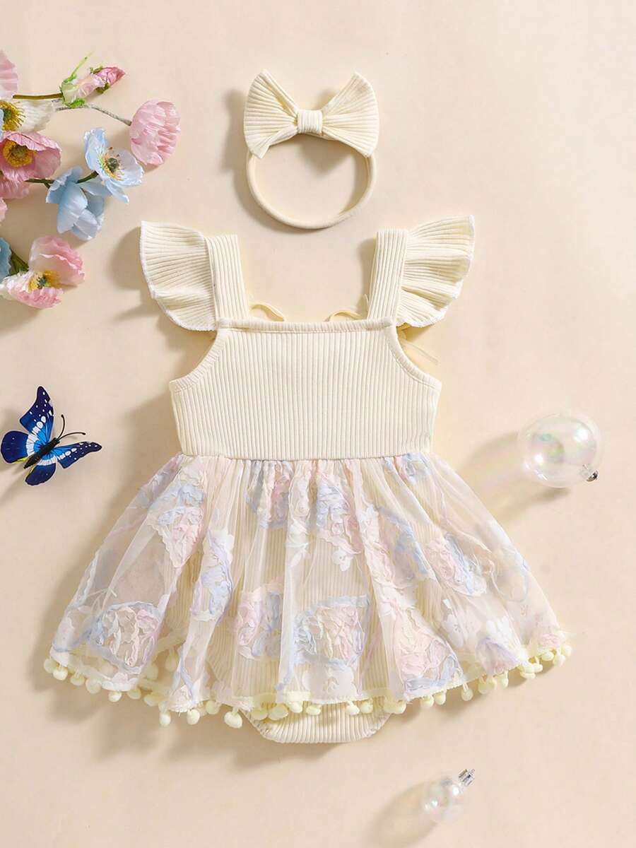 Baby Girl Summer Outfits Ruffle Sleeveless Square Neck Flower Romper With Headband Set - Beige - View 1