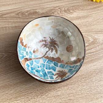 1 件直径 4.7-6 英寸、高 2.3 英寸的天然椰子壳镶嵌珍珠母贝装饰收纳盒，带有动物和植物图案，椰子碗节日礼物送给朋友