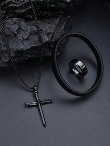 3pcs/Set Men' Jewelry Set,Necklace+Bracelet+Ring, Black Retro Style Cross Pendant Necklace,Religious Neck Jewelry,Perfect Jewelry Gift For Your Friends - A - View 2