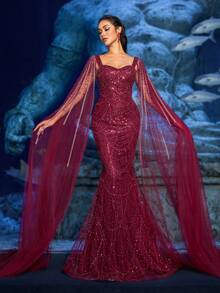 Faeriesty 高级魅力优雅华丽的串珠亮片晚礼服，珍珠点缀披肩袖 - 美人鱼轮廓和落地拖裙，适合红毯活动、豪华婚礼、晚宴和艺术画廊开幕式 - 酒紅色 - 查看 5