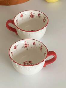 1 pieza/2 piezas/4 piezas Taza de té de la tarde de cerámica con relieve floral rojo estilo coreano Ins, taza de café de cerámica floral vintage, apta para desayuno, leche, postre, agua, oficina, sala de estar, uso diario