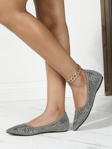 Women Diamond Shiny Gray Flat Slip-On Shoes, Fashion Versatile For Party & Spring/Fall, Comfortable Soft Sole Casual Pointed Toe Loafers, Suitable For Big Sizes 4.5-9 - Grey - View 1