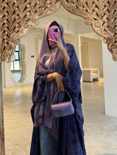 1 件优雅花卉印花长袍，时尚分层休闲沙特迪拜开襟长袍披肩，适合日常和聚会，适度长袍