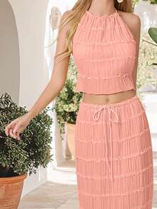 Camisetas sin mangas para mujer con cuello halter anudado, volantes y dobladillo plisado, sin espalda. - Color coral - Ver 4