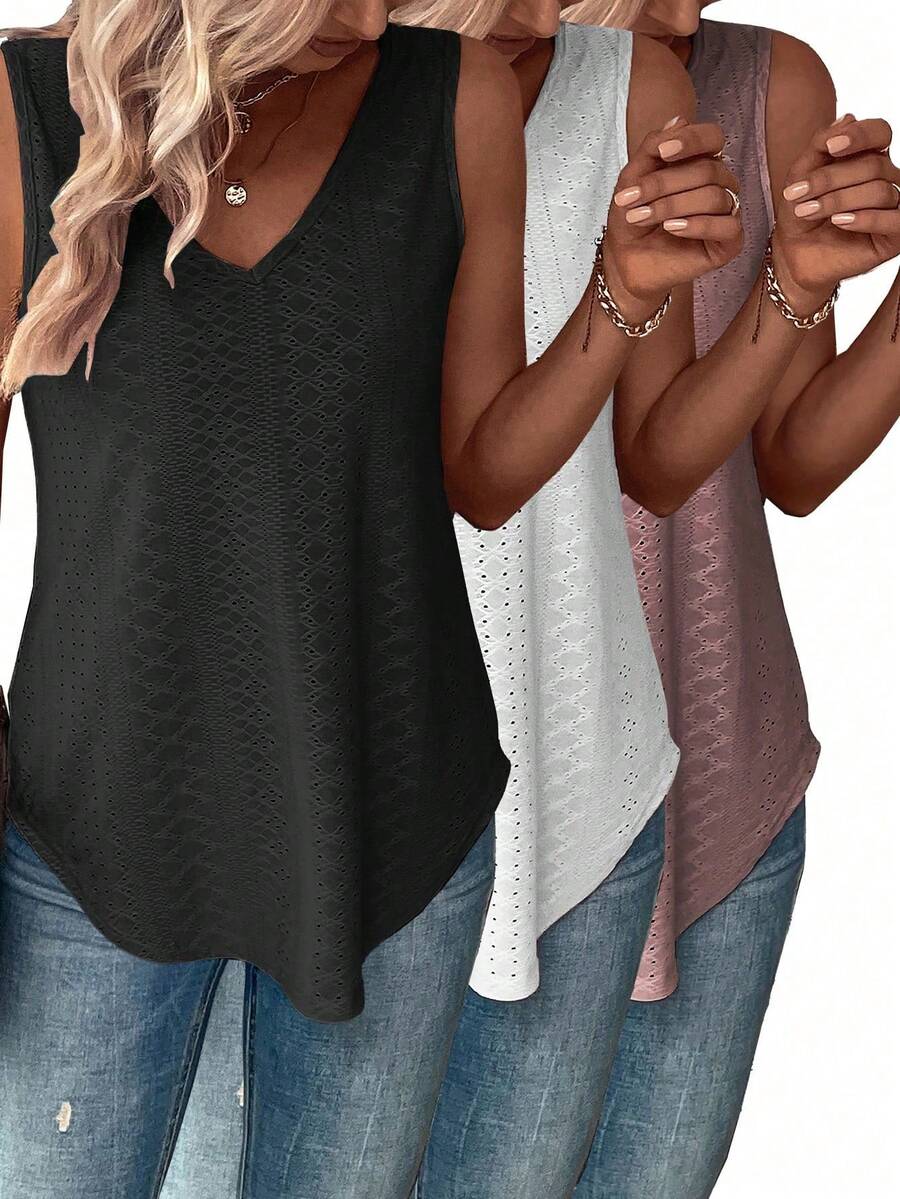 大码女式镂空提花 V 领宽松吊带背心上衣套装 - 彩色 - 查看 1