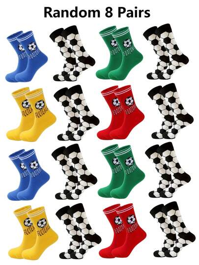 8pcs/Set Random Color Kids Socks With Football & Letter Prints, Stripes & Black-White Assorted Fits For Everyday, Unisex