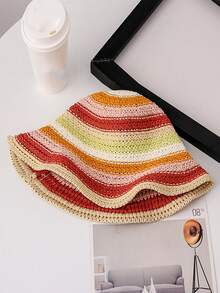 1pc Women's Summer New Knitted Rainbow Woven Bucket Hat, Fashion Versatile Breathable Sun Hat, Suitable For Outdoor Travel And Strolling - Ten Color Rainbow Straw Hat - View 5