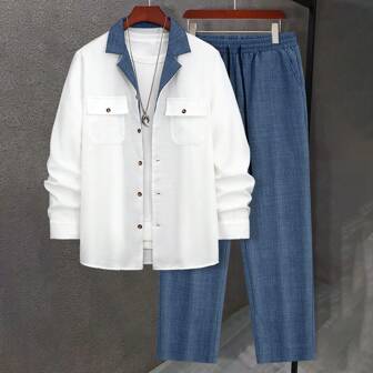 2pcs Men's Autumn Contrast Trim Single Breasted Shirt With Collar, Double Pockets, Long Sleeve And Solid Color Drawstring Waist Pants Regular Casual Suit