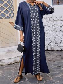 Women Ramadan Dress 3/4 Sleeves V-Neck Loose Long Dress Print Arab Robe Caftan Gowns - Blue - View 2