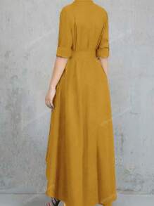 Simple Casual Solid Color Front Button Belted A-Line Dress