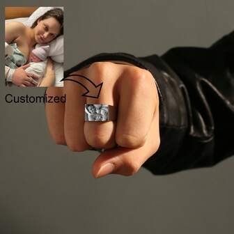 Anpassade fyrkantiga ringar, personligt foto, bild, text, namnringar för män och kvinnor, svart, silver, fyrkantiga ringar i rostfritt stål, festivalgåvor, minnesgåvor, personliga gåvor