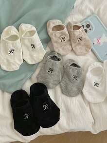 5 双女式可爱蝴蝶结图案夏季薄款短袜，清新轻盈，白色低帮透气休闲袜 - 彩色 - 查看 1