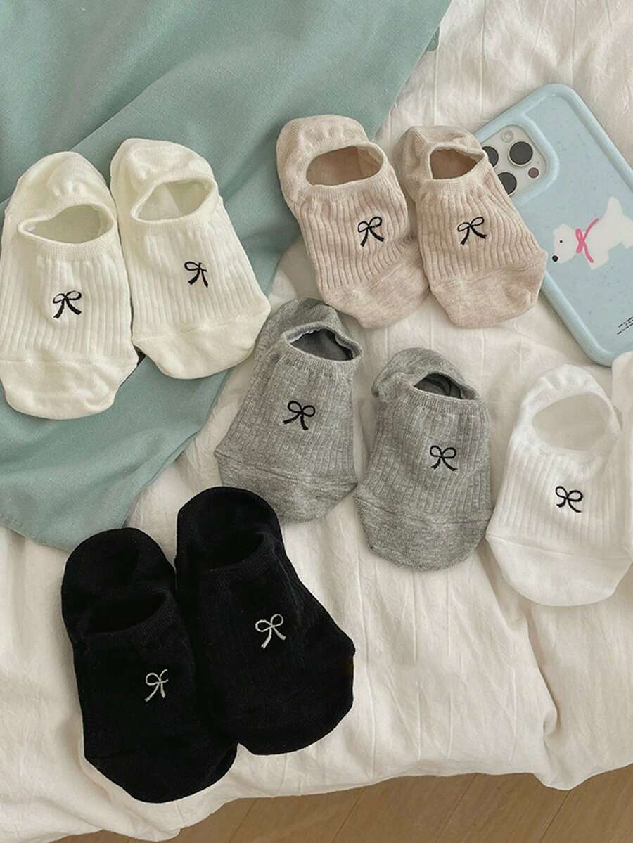 5 双女式可爱蝴蝶结图案夏季薄款短袜，清新轻盈，白色低帮透气休闲袜 - 彩色 - 查看 1