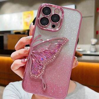 1 pieza Funda protectora de teléfono con líquido de mariposa con brillo degradado, chapada, a prueba de golpes, elegante y exquisita, adecuada para Galaxy S21 Ultra 5G, A14, A54/Apple 16 Pro Max, 17 Pro Max, Spark Go 2024/Infinix Smart 8, Edge 30, Redmi Note 14 Pro+ 5G/Honor 50, adecuada como regalo para amigos y chicas, con brillo degradado, elegante, cómoda, amortiguadora de golpes, antideslizante y antirayones con borde medio líquido y mariposa