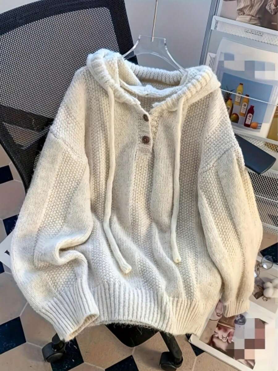 Women'S Casual Long Sleeve Pullover Sweater - Fall/Winter Fashion Knit Hoodie With Drawstring, Solid Color, Polyester 100%, Comfortable Slight Stretch Fabric, Regular Sleeve, No Belt - Oversized Style - trắng - Xem 1