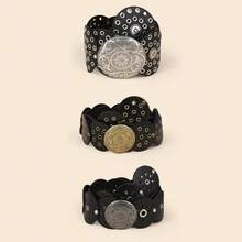 1 件装黑色 PU 圆盘拼接空心金属索环圆形女士腰带 夏季、秋季、万圣节