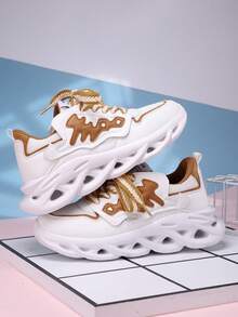 White & Brown Patchwork Fashion Versatile Comfortable Thick Bottom Breathable Casual Sneakers - Multicolor - View 3
