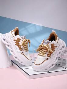 White & Brown Patchwork Fashion Versatile Comfortable Thick Bottom Breathable Casual Sneakers - Multicolor - View 4