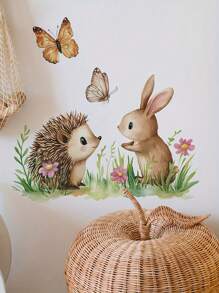 1 pièce Décalcomanie murale de style glamour avec imprimé animal, hérisson, lapin avec papillons et fleurs. Autocollants amovibles et imperméables en PVC pour le salon, la chambre, le dortoir, la salle de classe, la décoration murale de la maison, la salle de bain, la décoration d'automne, les accessoires de salle de bain