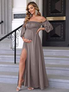 Joyfunear Vestido de salida para embarazadas de color solido con hombros descubiertos y abertura - Marrón - Ver 5