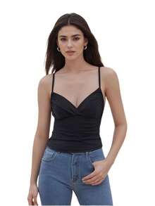 Women's Summer V Neck Cami Tops Black Sleeveless Open Back Slim Fit Cropped Tanks - 黑色 - 查看 6