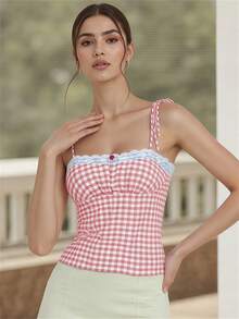 Women's Fitted Cami Tops Sleeveless Lace Trim Plaid Print Slim Fit Camisole Tank Tops - 粉色 - 查看 2