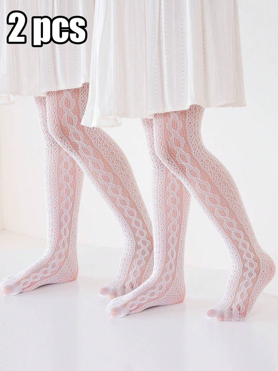 2pcs Girls Fishnet Tight Pantyhose For Spring & Summer, Dainty And Suitable For Girls Daily Life - White - View 1