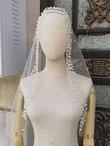 1pc Romantic Pearl Decorated Bridal Veil! Lightweight Mesh Fabric, Soft And Flowing. Neatly Arranged Exquisite Pearls, Sparkling And Charming, Adding Elegant Glamour To The Veil. Short Design Suits Various Wedding Dress Styles, An Ideal Accessory To Create A Beautiful Look For The Bride, Capturing The Bride's Enchanting Moment. A Perfect Gift For Friends' Wedding - White - View 6