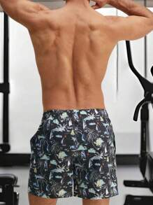 Men Swimming Trunks, Drawstring Elastic Waist Sailboat/Leaves/Tree Print Summer Beach Shorts Swimwear