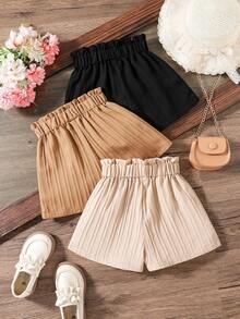 3pcs Young Girl Casual Elastic Waist Solid Color & Striped Ruffle Hem Summer Shorts, Comfortable Spring & Summer - Multicolor - View 2