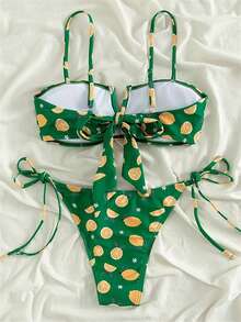 Women's Sexy Bathing Suit Small Fresh Print V Drag Backless Tethered Back Bikini Set Swimsuit - màu xanh lá - Xem 7