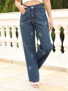 Women's Wide Leg Jeans With Embroidered Cross Arrows, New - 深色水洗藍 - 查看 3