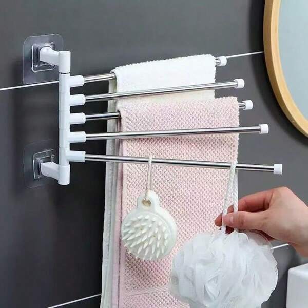 1 pezzo portasciugamani rotante a 180 gradi e a più ripiani. Può appendere più asciugamani, così come spugne da bagno, elastici per capelli, ecc. Senza bisogno di perforare, facile da installare. Materiale resistente alla ruggine e all'umidità, più adatto per l'uso in bagno. Può essere installato anche in cucina come portastrofinacci. Design compatto, leggero e di alta qualità.