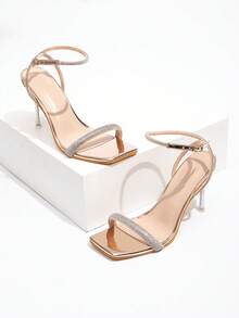 Women's Transparent High Heel Sandals With Square Toe And Thin Ankle Strap - Champagne - View 5