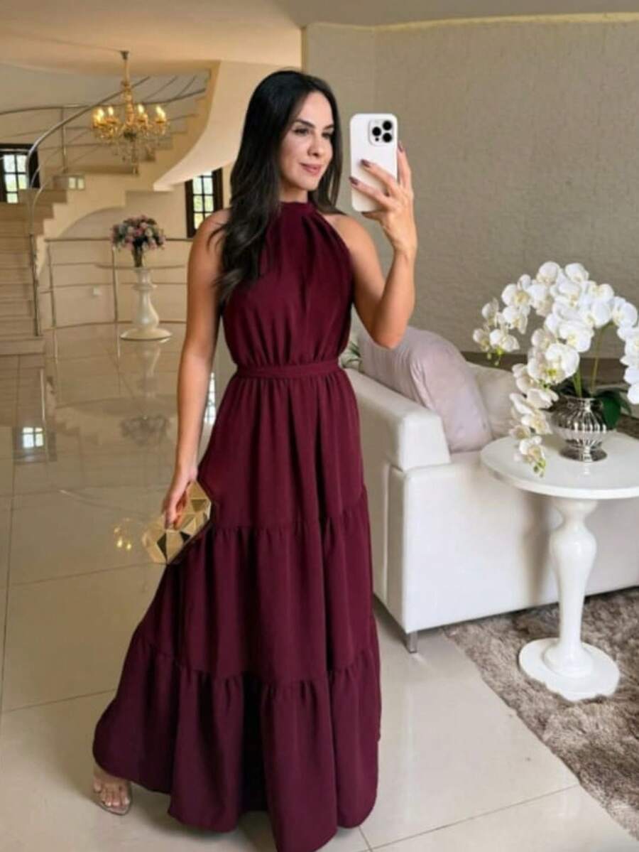 LONG FEMININE PARTY STYLE DRESS - Burgundy - View 1