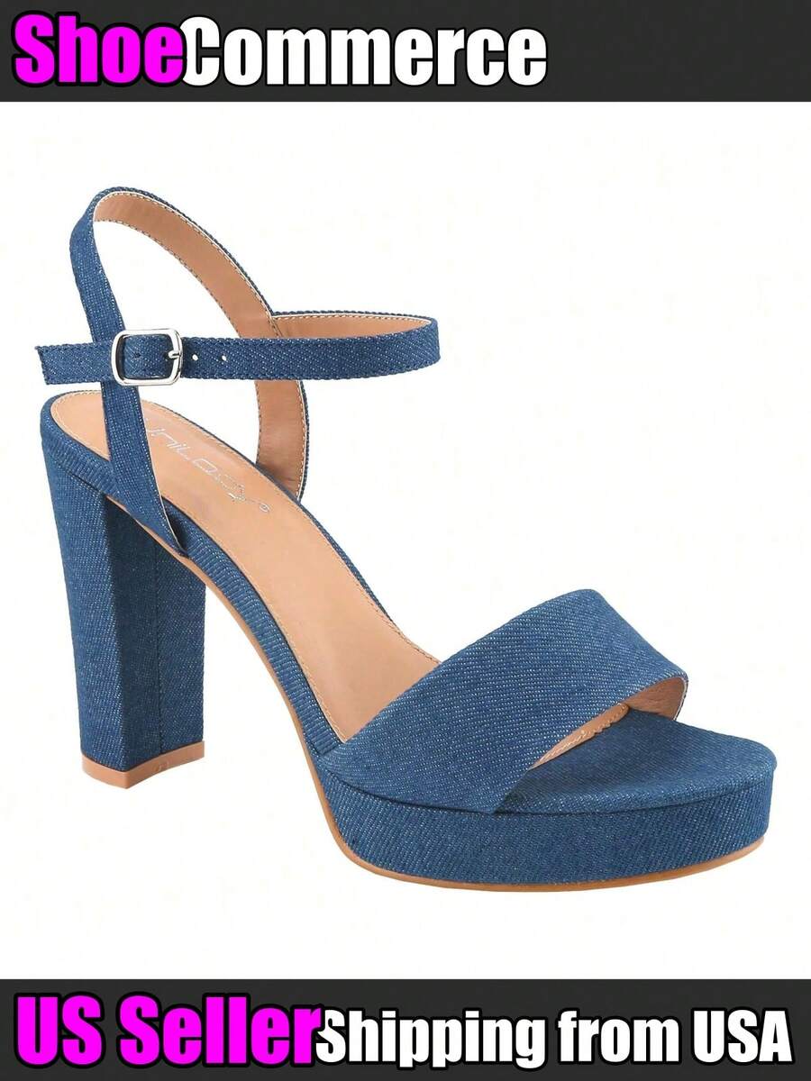 Women's Denim Platform Heels Open Toe Ankle Strap Chunky High Heel Sandals Block Heel Platfrom High Heeled Sandals Summer Spring Easter Prom Shoes Heels - 藏蓝色 - 查看 1