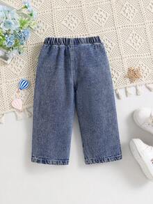 1 件装 女婴深水洗蓝色松紧腰宽松直筒牛仔裤，休闲舒适，春夏 - 深色水洗藍 - 查看 2