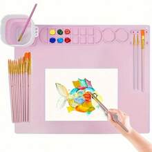 1 Set 20x16 Inch Silicone Canvas With Water Cup, Art Craft Mat Includes 10 Paint Brushes, Green, Pink, Blue - Multicolor - View 11