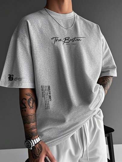 男士字母印花修身圆领短袖T恤，夏季款