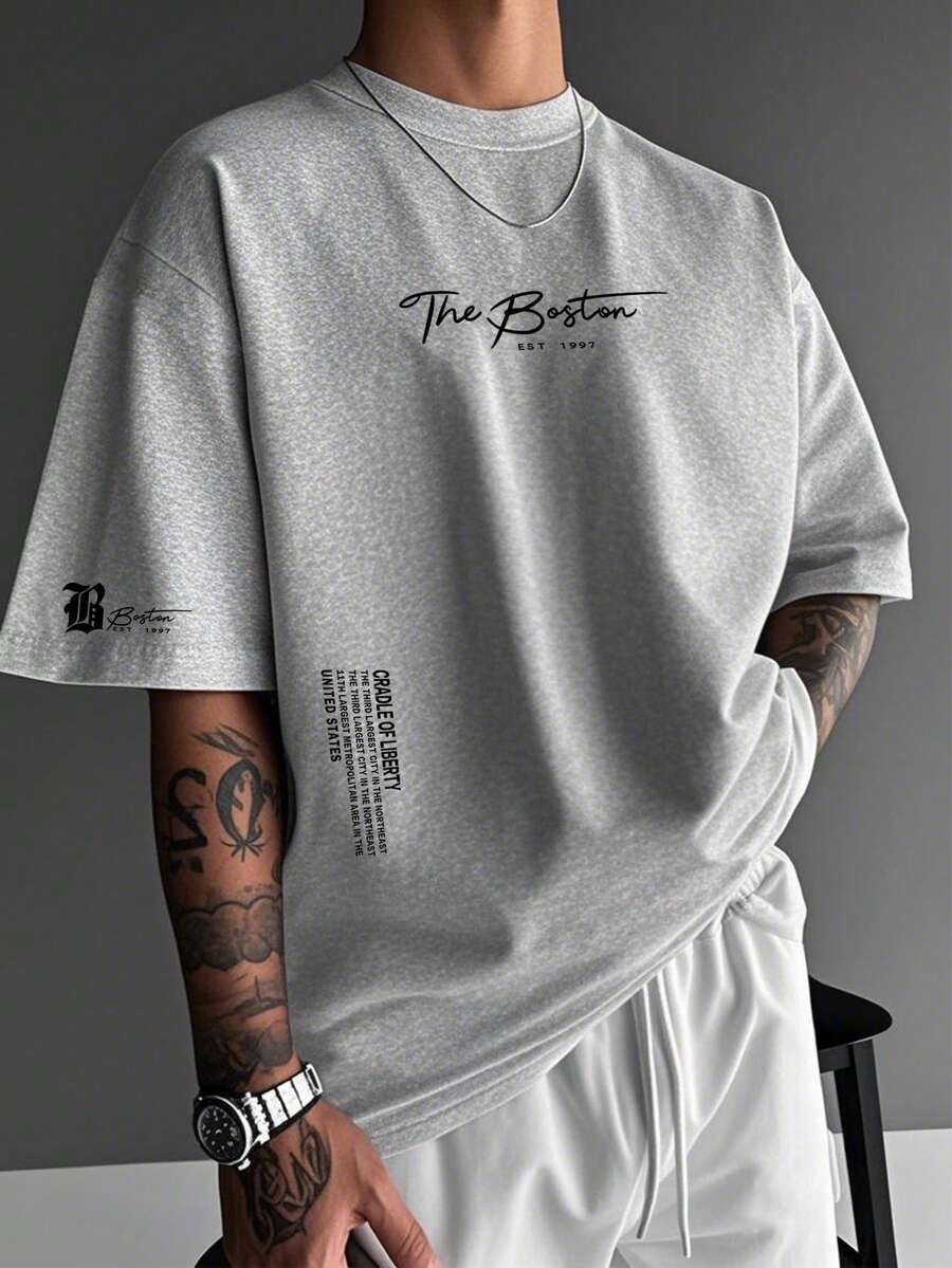 男士字母印花修身圆领短袖T恤，夏季款 - 灰色 - 查看 1