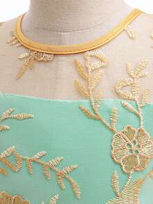 女童刺繡網紗優雅花童公主禮服，適合派對，布料花卉圖案隨機剪裁，不含髮箍 - 薄荷綠 - 查看 5